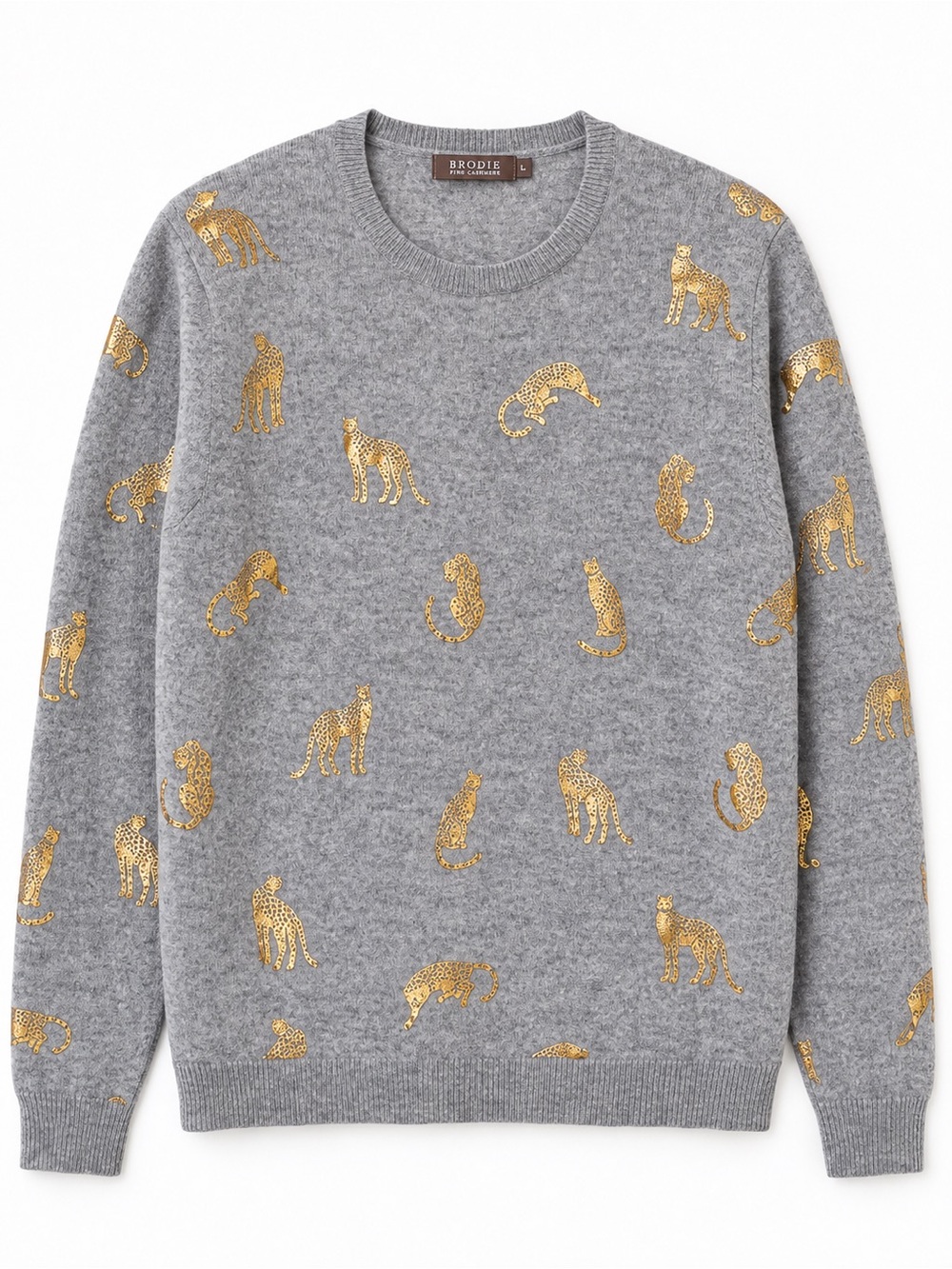 Brodie 100% Cashmere Gray Gold Foil Tiger Animal Print Sweater Size L